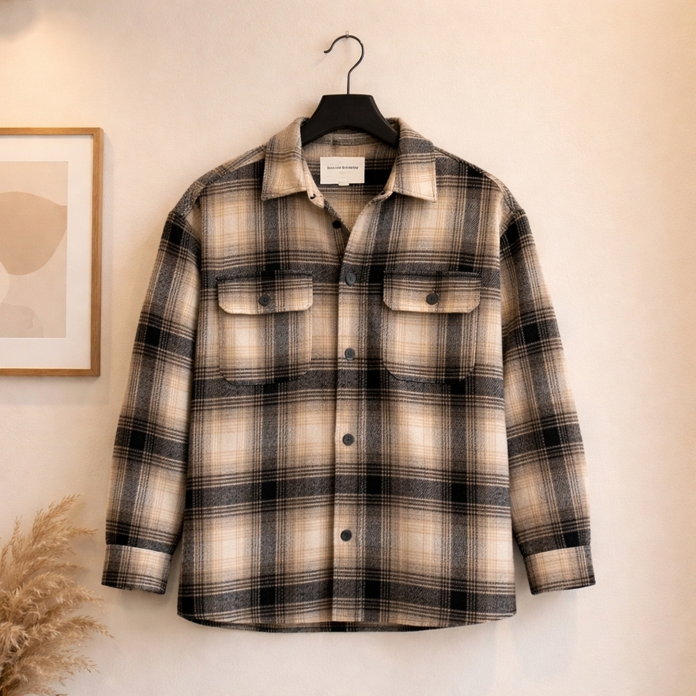 Thread & Supply Tan Black Cozy Plaid Button Up